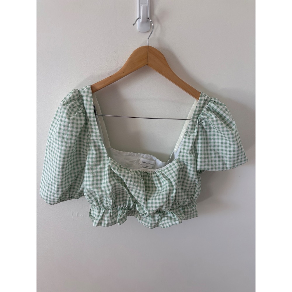 Lovers + Friends Green Gingham Puff Sleeve Crop Top Square Neck Ruffle Hem M